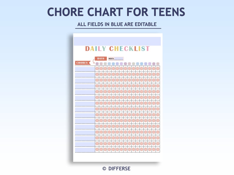 May include: A printable chore chart for teens with a daily checklist. The chart has a blue header with the text "DAILY CHECKLIST" and a section for "CHORES", "DAYS", and "MONTH". The chart is filled with pink circles for checking off chores.
