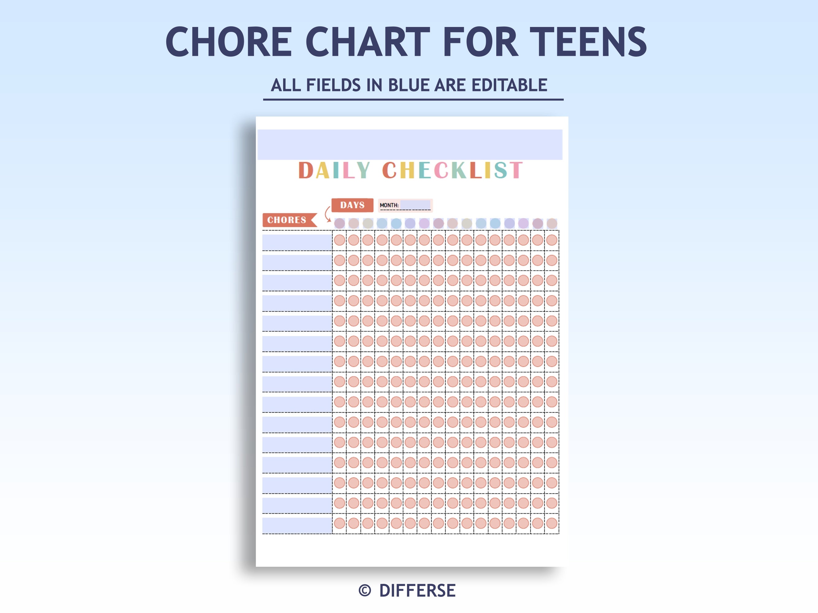 Teen Chore Chart | Daily Chore Chart for Teens | Printable Chore Chart ...