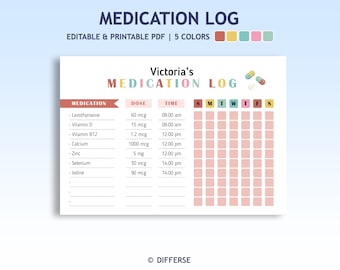 Daily Medication Log | Medication Tracker | Supplement Tracker | Medication Schedule | Medication List | Medication Checklist | Pill Chart