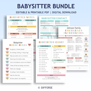 May include: A Babysitter Bundle digital download with editable and printable PDF documents. Includes Babysitter Notes, Contact, House Rules, Chart, and Emergency Information. The documents have a light blue, pink, and green colour scheme.