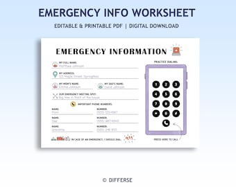 Kids Emergency Information Sheet | When to Call 911 | Emergency Worksheet | Emergency Plan, In case of an Emergency Sheet, Emergency Numbers