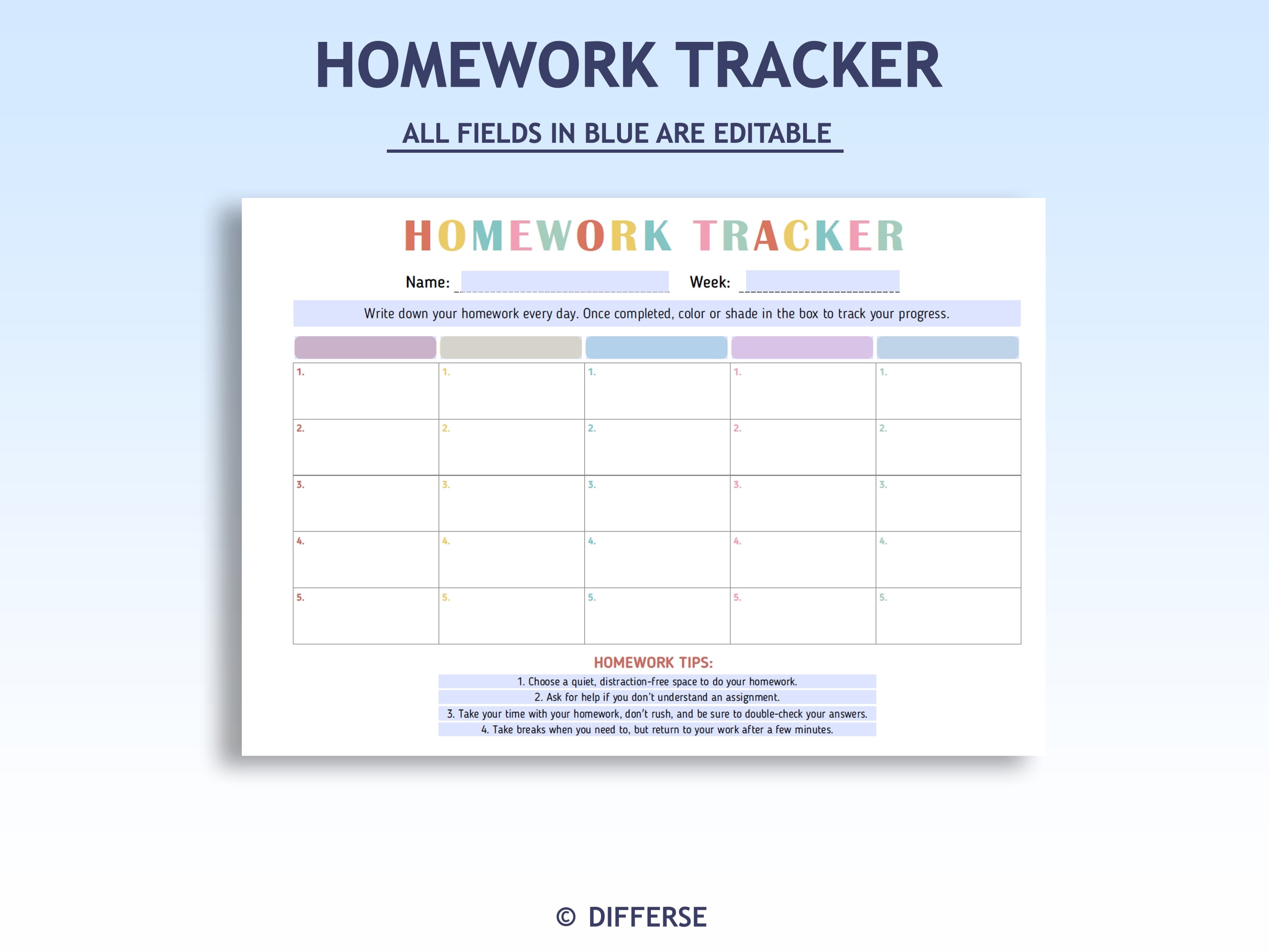 Homework Tracker | Editable Homework Chart | Printable Homework Chart ...