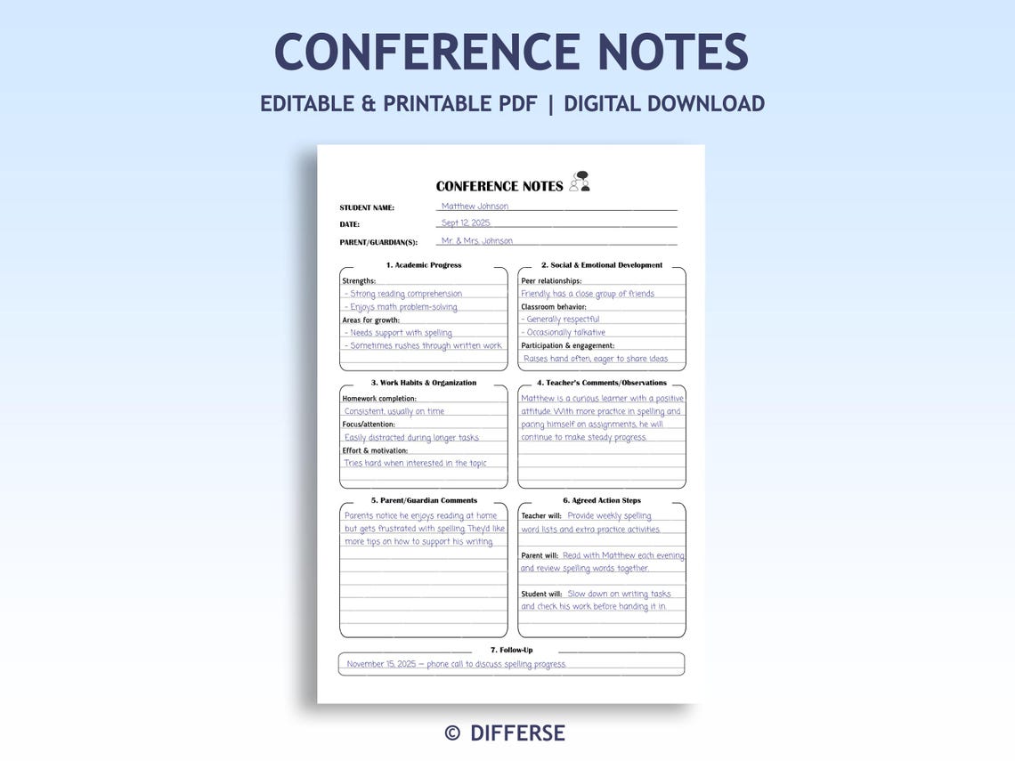 Parent Teacher Conference Notes | Meet the Teacher | Editable Parent ...