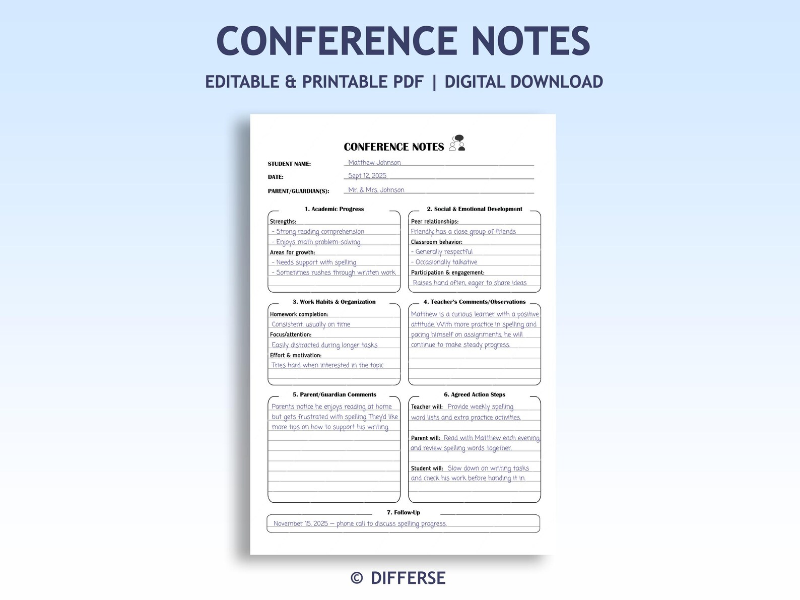 Parent Teacher Conference Notes | Meet the Teacher | Editable Parent ...