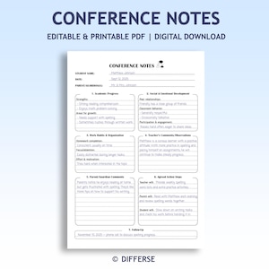 Parent Teacher Conference Notes | Meet The Teacher | Editable Parent Teacher Notes | Teacher Meeting Template | Conference Template