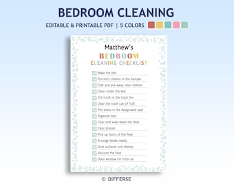 Puede incluir: Una lista de verificación de limpieza de dormitorio imprimible, titulada "Matthew's Bedroom Cleaning Checklist". La lista incluye tareas como hacer la cama, guardar la ropa y pasar la aspiradora. El diseño es colorido con un fondo azul claro.