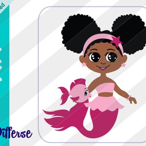 African American Mermaid With Afro Puffs | SVG Cut File & PNG | Black Mermaid | Cute Mermaid Clipart | Magical Black Girl | Baby Mermaid