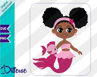 African American Mermaid With Afro Puffs | SVG Cut File & PNG | Black Mermaid | Cute Mermaid Clipart | Magical Black Girl | Baby Mermaid