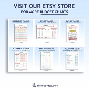 Puede incluir: Presentaci&oacute;n de productos digitales con gr&aacute;ficos de presupuesto. La imagen incluye gr&aacute;ficos para ni&ntilde;os, ahorros, asignaciones y ganancias. El texto "VISITA NUESTRA TIENDA ETSY PARA M&Aacute;S GR&Aacute;FICOS DE PRESUPUESTO" est&aacute; en la parte superior.