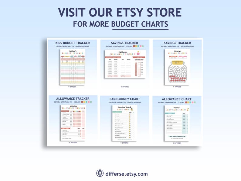 Puede incluir: Presentaci&oacute;n de productos digitales con gr&aacute;ficos de presupuesto. La imagen incluye gr&aacute;ficos para ni&ntilde;os, ahorros, asignaciones y ganancias. El texto "VISITA NUESTRA TIENDA ETSY PARA M&Aacute;S GR&Aacute;FICOS DE PRESUPUESTO" est&aacute; en la parte superior.