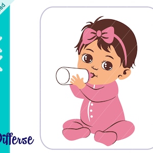 Neonata con biberon / File di taglio SVG e PNG / Bambina che beve SVG / Baby shower png / Bambina in pigiama rosa svg