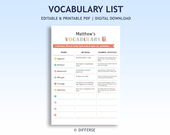 Vocabulary List | Vocabulary Template | Vocabulary Journal | Vocabulary Planner | Speech Therapy | Vocabulary Sheet Template