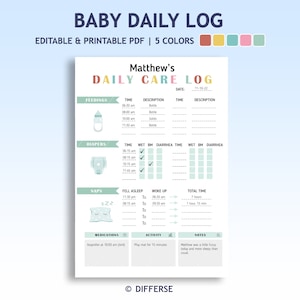 Bewerkbaar dagelijks babylogboek | Afdrukbaar oppaslogboek | Dagopvangrapport | Logboek zorgverlener | Logboek babyverzorging | Oppas pdf | Afdrukbaar oppasrapport