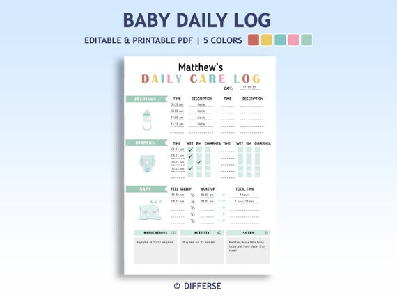 Editable Baby Daily Log | Printable Nanny Log | Daycare Report | Caregiver Log | Baby Care Log | Babysitter PDF | Printable Nanny Report