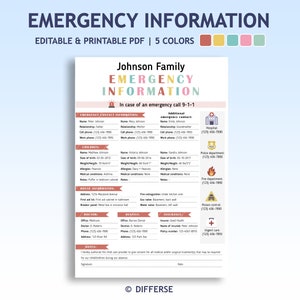 Folha de informações de emergência | Folha de informações de babá | Informações de contato de emergência | Formulário de contato de emergência | Em caso de emergência