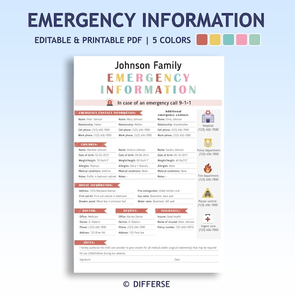 Fiche d'information en cas d'urgence | Fiche d'information pour baby-sitter | Coordonnées en cas d'urgence | Formulaire de contact en cas d'urgence | En cas d'urgence