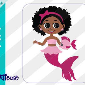 Cute Black Mermaid With Afro | SVG Cut File & PNG | African American Mermaid Clipart | Cute Mermaid | Magical Black Girl | Dark Skin Mermaid