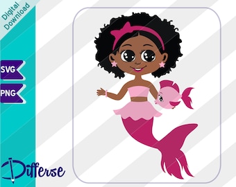 Cute Black Mermaid With Afro | SVG Cut File & PNG | African American Mermaid Clipart | Cute Mermaid | Magical Black Girl | Dark Skin Mermaid