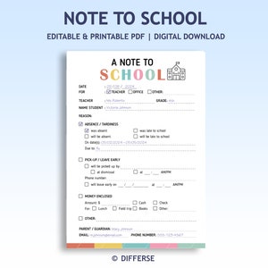 Note to School Template | School Note From Home | Excuse Note | Note From Mom | Note for School | Parent Mail | Parent Note to Teacher
