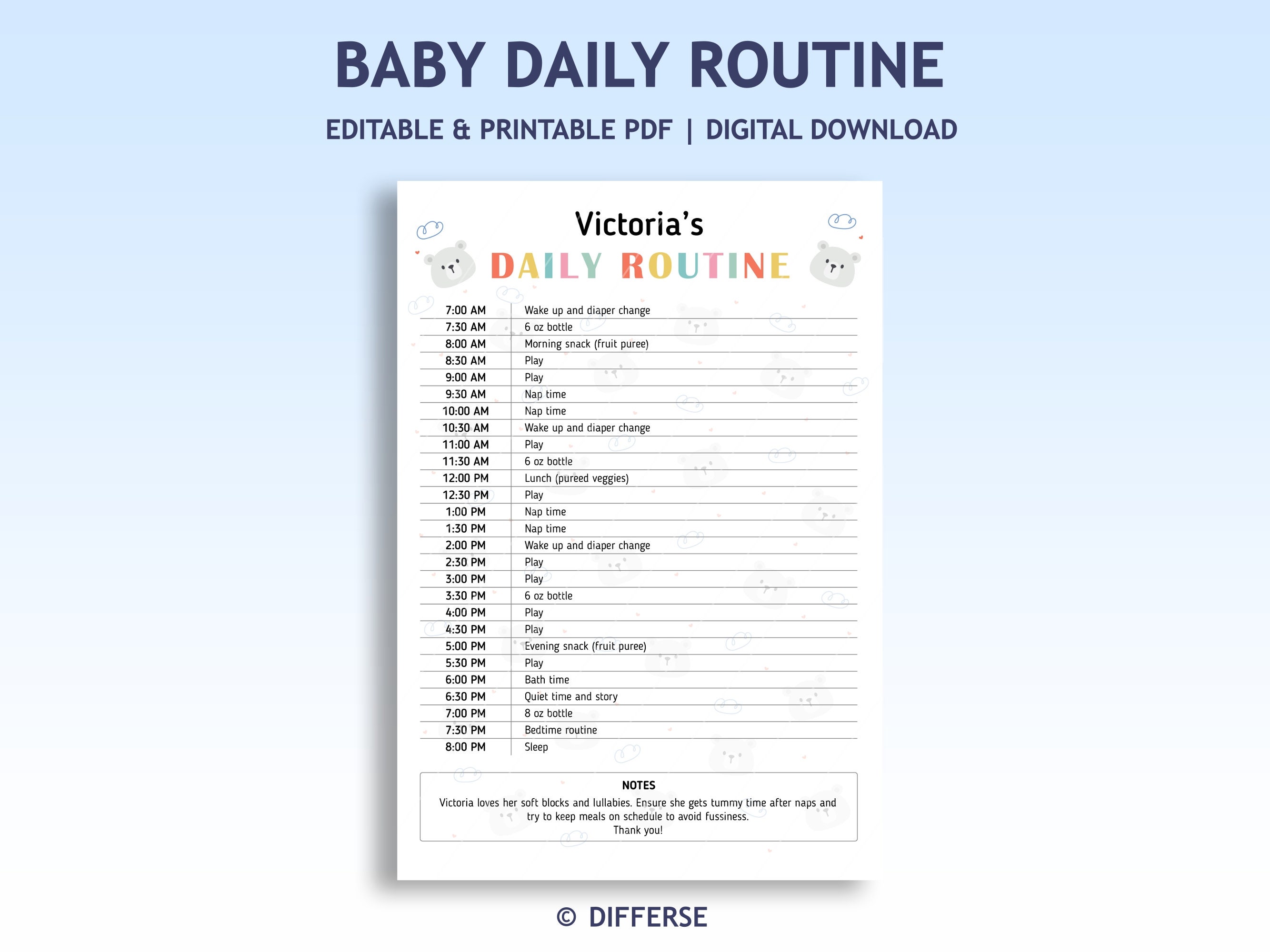 Baby Daily Log | Baby Daily Planner | Baby Daily Schedule | Baby Care Log | Babysitter Notes | Baby Routine |  Daily Infant Log