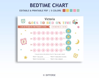 May include: A printable bedtime chart for kids with a pink and blue color scheme. The chart features a clock, stars, and a moon. It includes a section for the child's name, bedtime, and a reward system for going to bed on time. The text on the chart reads "Bedtime Chart", "Victoria", "Goes to Bed on Time", "I can go to bed on time without a fuss", "My bedtime is: 7:30 PM", "Reward 1: Stay up late!", "Reward 2: No chores today!", "Reward 3: Choose what's for dinner", "Reward 4: Have a sleepover!" and "DIFFERSE".