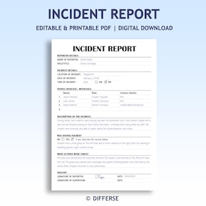 May include: A printable PDF incident report template with the title "INCIDENT REPORT" in large blue text. The form includes sections for reporter details, incident details, and witness information. The document is designed for digital download.