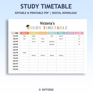 Study Timetable | Study Schedule | Revision Timetable | Kids Weekly Plan | Weekly Study Planner | Daily Homework Planner | Exam Preparation