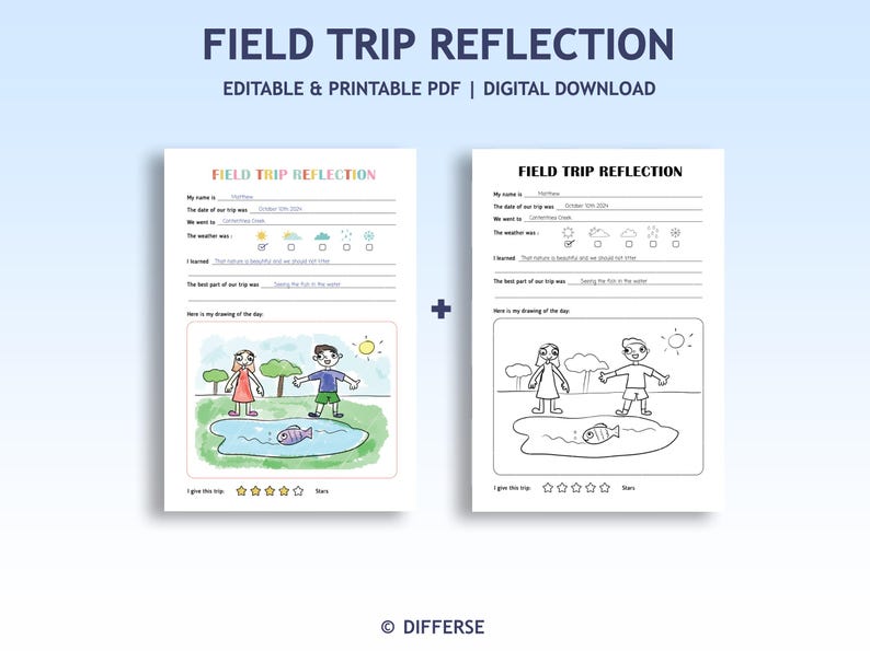 May include: Two printable "Field Trip Reflection" worksheets. One is colored, the other is a black and white outline. Each sheet has prompts for name, date, location, weather, and a drawing space. The title reads "Field Trip Reflection".