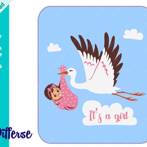 Ooievaar met babymeisje | SVG-knipbestand > PNG-| Leuke Baby meisje PNG | Pasgeboren svg | Stork Baby svg | Stork Baby Aankondiging | Baby aankomst
