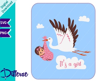 Stork With Baby Girl | SVG Cut File & PNG | Cute Baby girl PNG | Newborn svg | Stork Baby svg | Stork Baby Announcement | Baby Arrival
