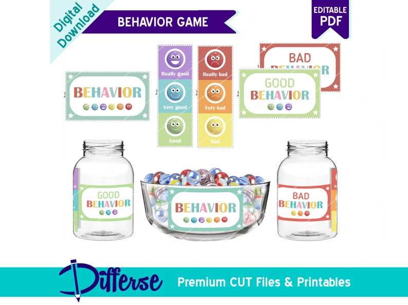 May include: A printable behavior game for kids with two jars, one labeled "Good Behavior" and the other labeled "Bad Behavior". The game includes colorful cards with smiley faces and the words "Really good", "Very good", "Good", "Really bad", "Very bad", and "Bad".