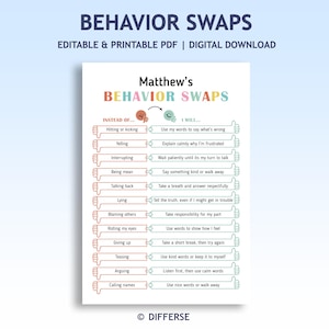 May include: A printable PDF titled "Behavior Swaps" with the text "Matthew's Behavior Swaps." The chart lists negative behaviors like "Hitting or kicking" and suggests positive alternatives such as "Use my words to say what's wrong."