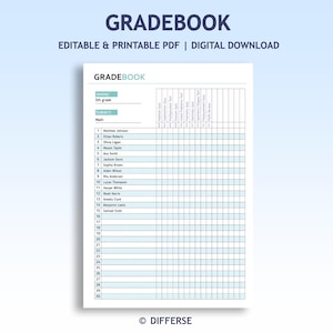 Puede incluir: Una plantilla de boletín imprimible con el título "GRADEBOOK". El documento está diseñado para matemáticas de 5º grado e incluye espacio para nombres de estudiantes y calificaciones de exámenes. Descarga digital.