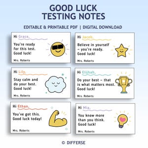 May include: A set of six rectangular testing notes with the text GOOD LUCK TESTING NOTES, EDITABLE & PRINTABLE PDF | DIGITAL DOWNLOAD. Each note features a personalized greeting, encouraging messages from Mrs. Roberts, and icons like a sun, star, cloud, trophy, arm, and lightbulb.