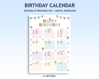 Classroom Birthday Calendar | Student Birthday Chart | Printable Birthday Display | Classroom Decor | Birthday Tracker | Birthday Display