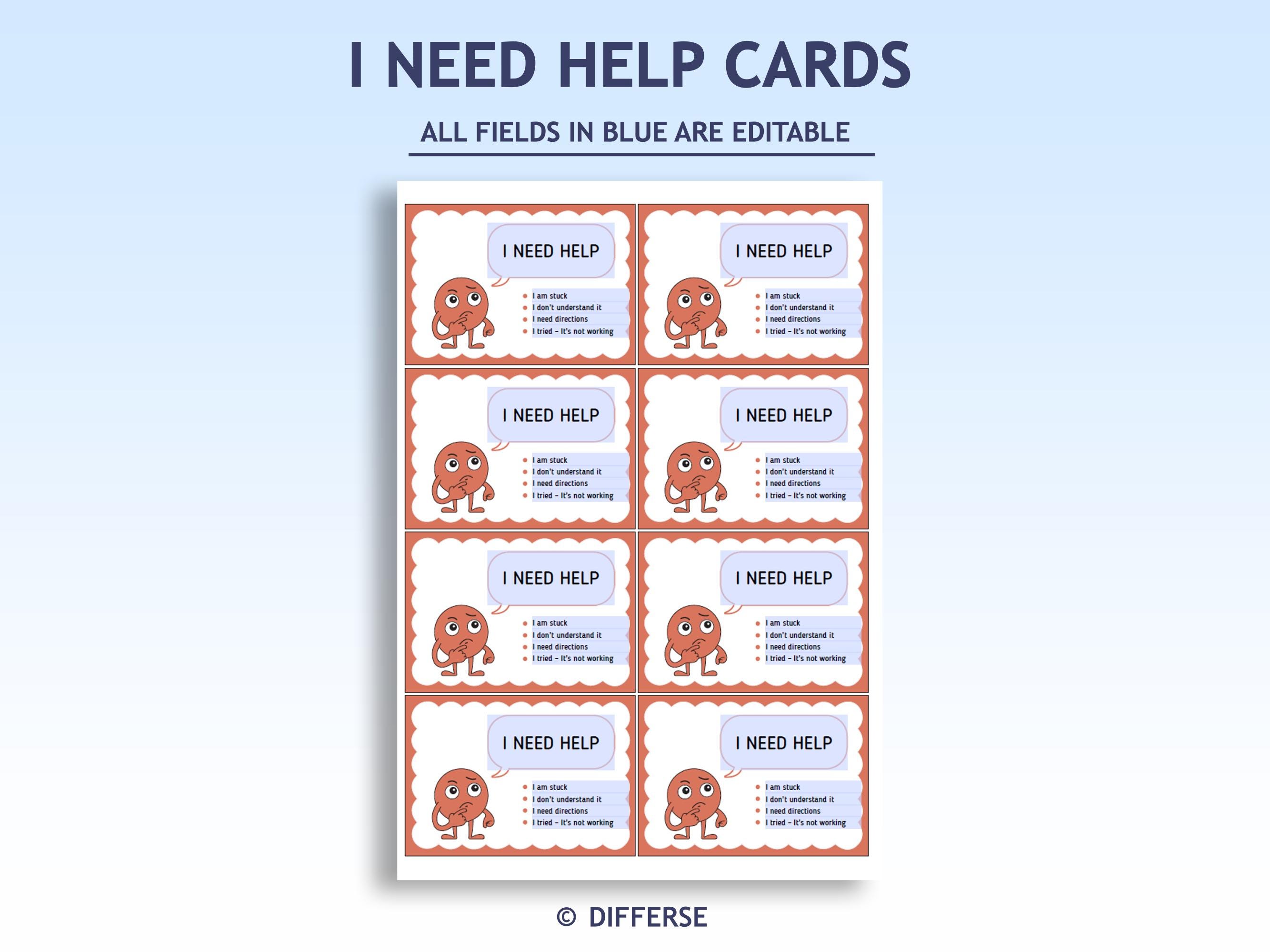 Help Cards Example Editable I Need Help Cards Set | Desk Cards | I Need Help Visual | I ...