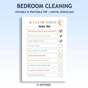 Lista de limpieza para el dormitorio de los niños / Lista de limpieza editable / Planificador de limpieza / Lista de limpieza para niños / Rastreador de limpieza / Cuadro de limpieza