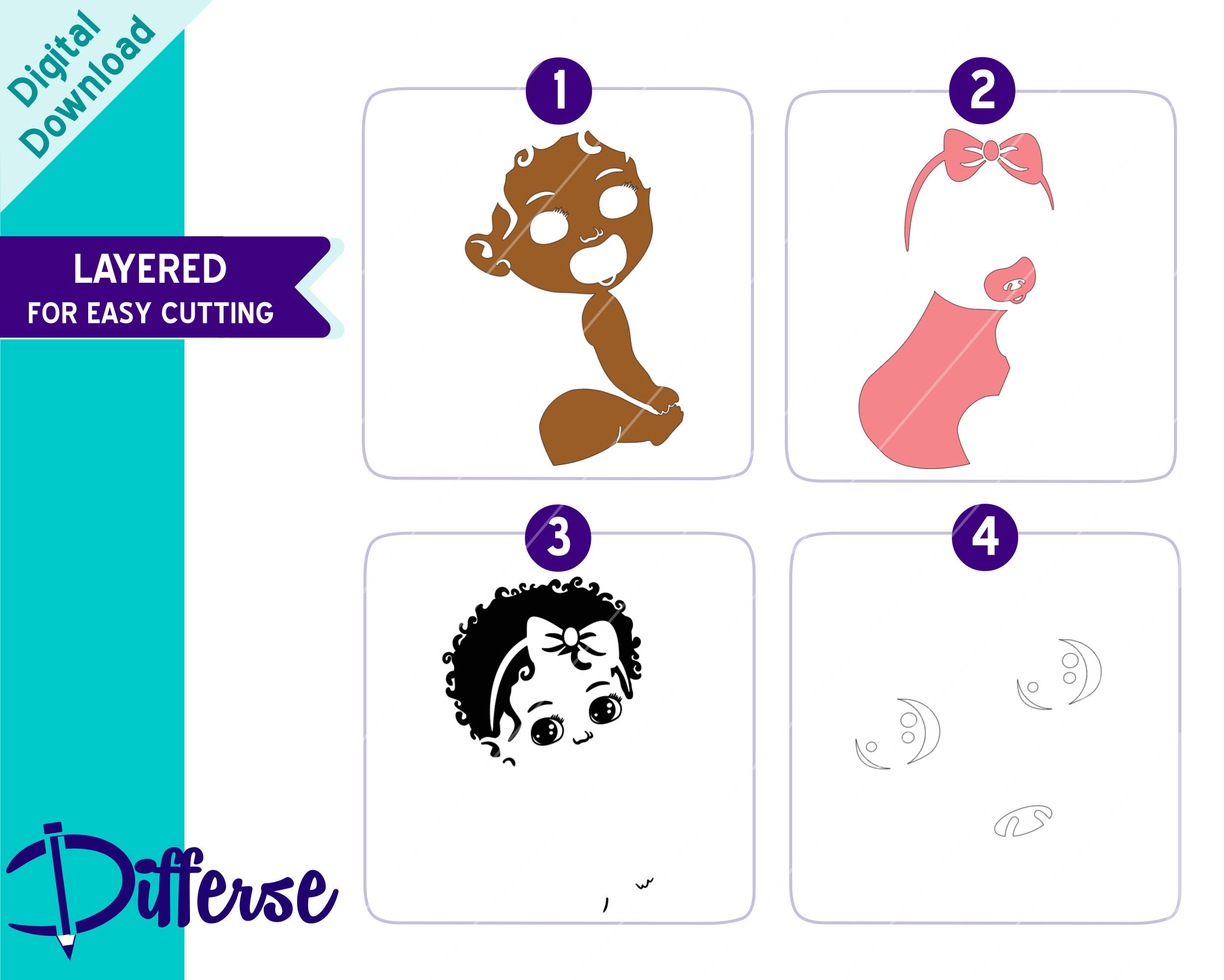 Conjunto de 5 lindas niñas afroamericanas / Archivo de corte SVG y PNG /  Bebé niña SVG / Paquete de bebé negro SVG / Clipart de recién nacido / Niña, image size:2500x2000