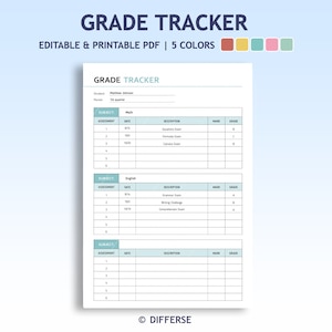 Grade Tracker | Homework Grade Tracker | Homeschool Grade Tracker | Assignment Tracker | Grade Book | Progress Tracker | Grade List