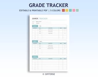 Grade Tracker | Homework Grade Tracker | Homeschool Grade Tracker | Assignment Tracker | Grade Book | Progress Tracker | Grade List