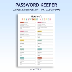 Editable Password Tracker for Kids | Password Keeper | Password Organizer | Password Log | Password List | Password Book | Password Journal