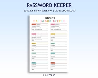 Editable Password Tracker for Kids | Password Keeper | Password Organizer | Password Log | Password List | Password Book | Password Journal
