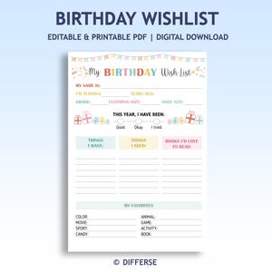 Birthday Wishlist for Kids | Printable Gift Wish List | My Favorite Things Template | Kids Birthday Questionnaire | Gift Ideas Template