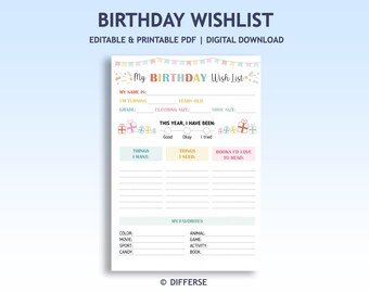 Birthday Wishlist for Kids | Printable Gift Wish List | My Favorite Things Template | Kids Birthday Questionnaire | Gift Ideas Template
