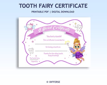 Tooth Fairy Certificate for Little Girls | Lost Tooth | Printable Tooth Fairy Gift | Fairy PDF | Direct Download | Fairy Template