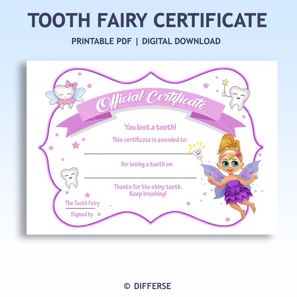 Tooth Fairy Certificate for Little Girls | Lost Tooth | Printable Tooth Fairy Gift | Fairy PDF | Direct Download | Fairy Template