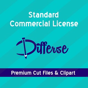 Puede incluir: Un logotipo azul y blanco para Differse, una empresa que vende archivos de corte premium y clipart. El logotipo presenta un lápiz estilizado y la palabra "Differse" en una fuente manuscrita. El texto "Standard Commercial License" aparece sobre el logotipo, y el texto "Premium Cut Files & Clipart" aparece debajo del logotipo.