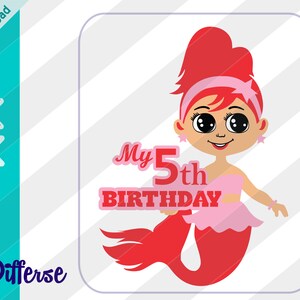 Linda sirena de cumpleaños / Archivo de corte SVG y PNG / Mi quinto cumpleaños / Clipart de cumpleaños de sirena rosa / Vector de sirena bebé / Archivo de corte de sirena