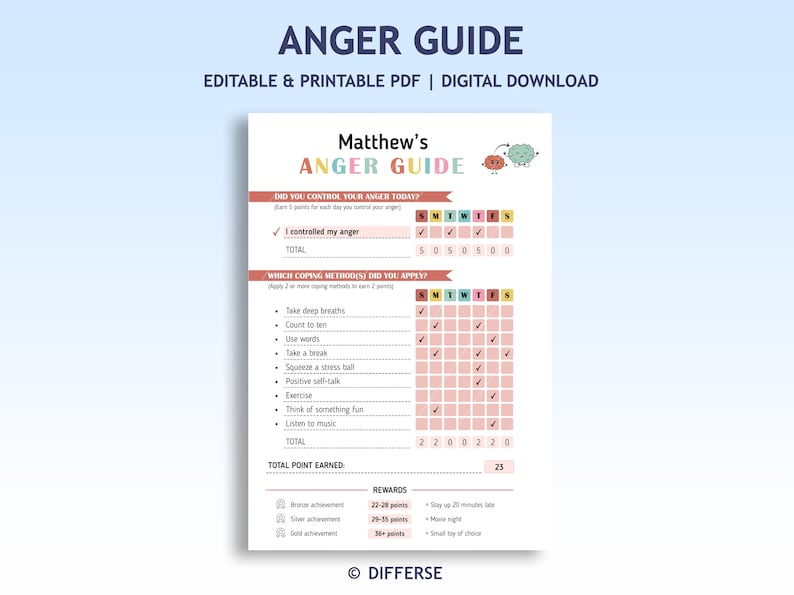 May include: A printable anger management guide for children. The guide features a colorful chart with checkboxes for tracking daily anger control and coping methods. It includes a section for rewards based on points earned.