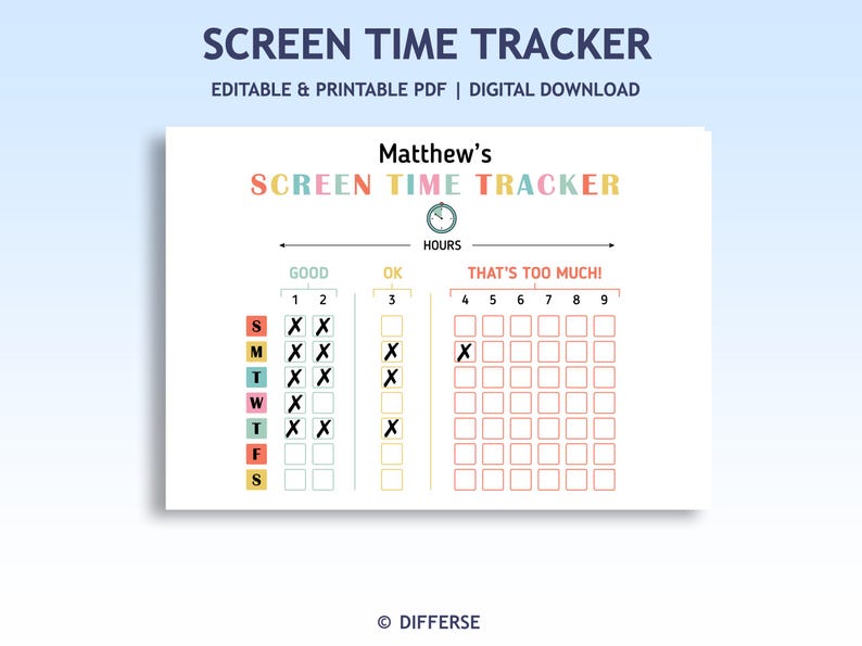 Op de afbeelding: Een afdrukbare schermtijdtracker-kaart voor kinderen met een kleurrijk ontwerp. De kaart is verdeeld in drie secties: goed, ok&eacute; en dat is te veel! De kaart is gelabeld met de dagen van de week en het aantal uren dat aan het scherm wordt besteed.